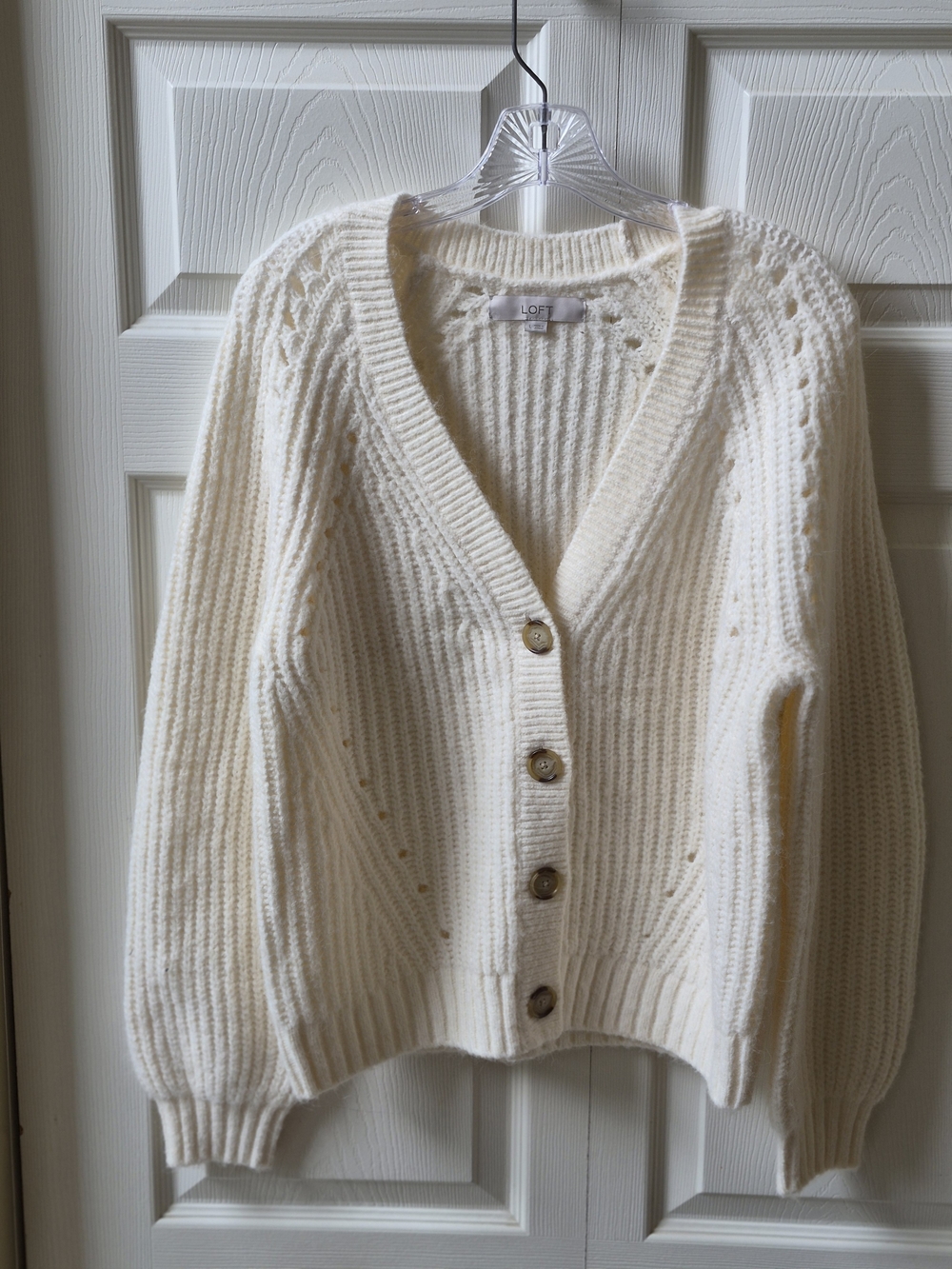 LOFT Cream Ribbed V‑Neck Button Cardigan - Picture 5 of 15